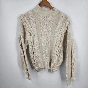 Leith Women's Cable Knit Fringe Sweater In Beige Oatmeal Light Heather Sz XS NWT